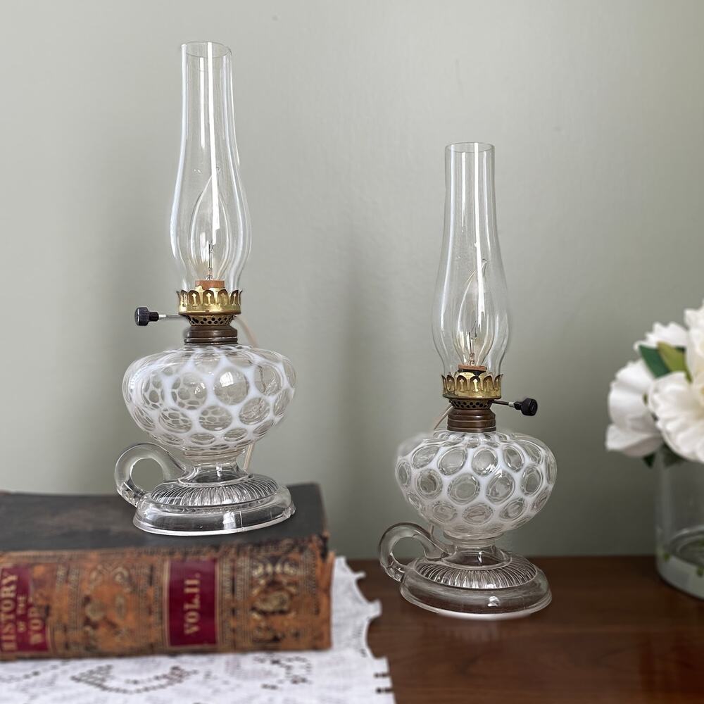 Antique Coin Spot Milk Glass Finger Oil Lamp Pair - Now Electric (Working!)